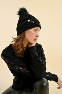 Rhinestone &amp; Pearl Beanie - Black