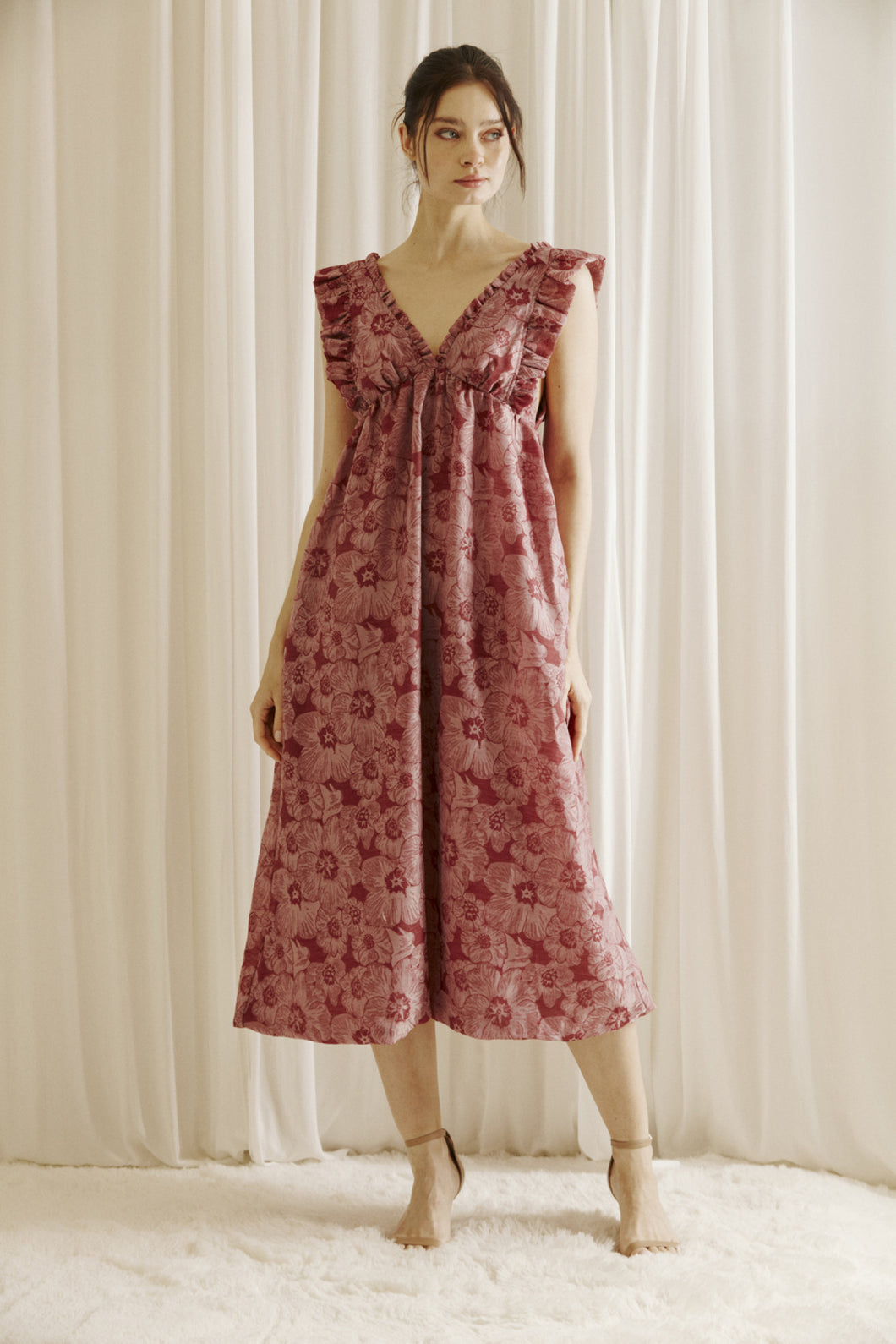Ruffled Babydoll Midi Dress - Mauve Floral