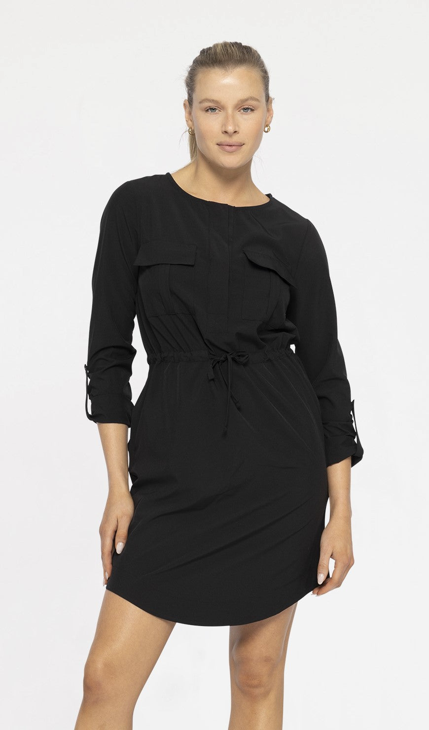 Stretch Woven Scoop Neck Dress - Black