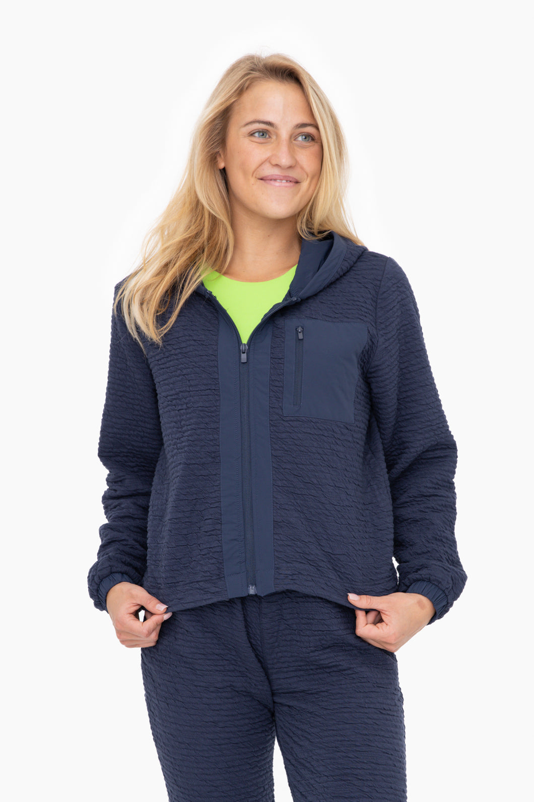 Cotton Blend Textured Zip Up Top - Navy