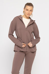 Jacquard Ribbed Hooded Jacket w/ Thumbholes - Deep Taupe