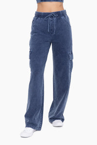 Mineral Wash Wide Leg Cargo Pant - Blue Denim