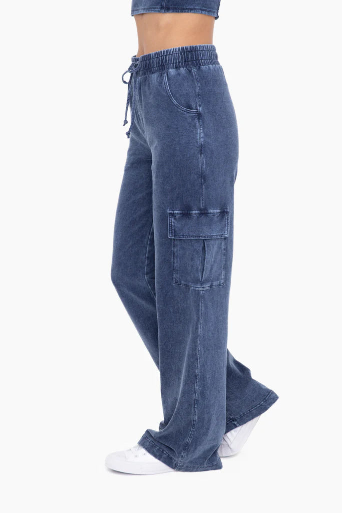 Mineral Wash Wide Leg Cargo Pant - Blue Denim