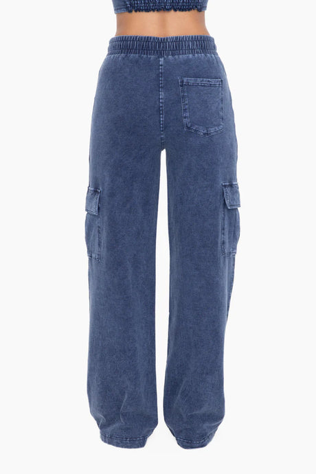 Mineral Wash Wide Leg Cargo Pant - Blue Denim