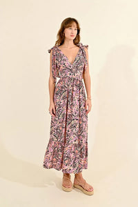 Palm Print Maxi Dress - Pink / Blk Multi