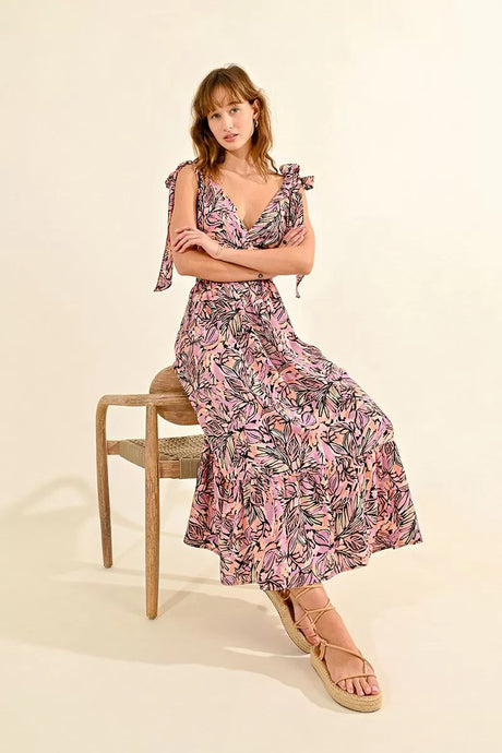 Palm Print Maxi Dress - Pink / Blk Multi