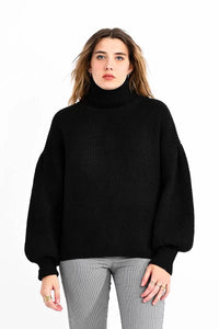 Turtleneck Puff Sleeve Sweater - Bright Pink or Black