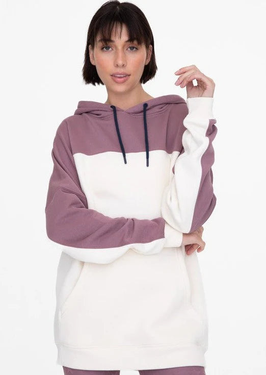 2-Tone Color Block Hoodie w/ Pocket - Grey w/ Natural Contrast (shown in Ivory w/ Mauve contrast)