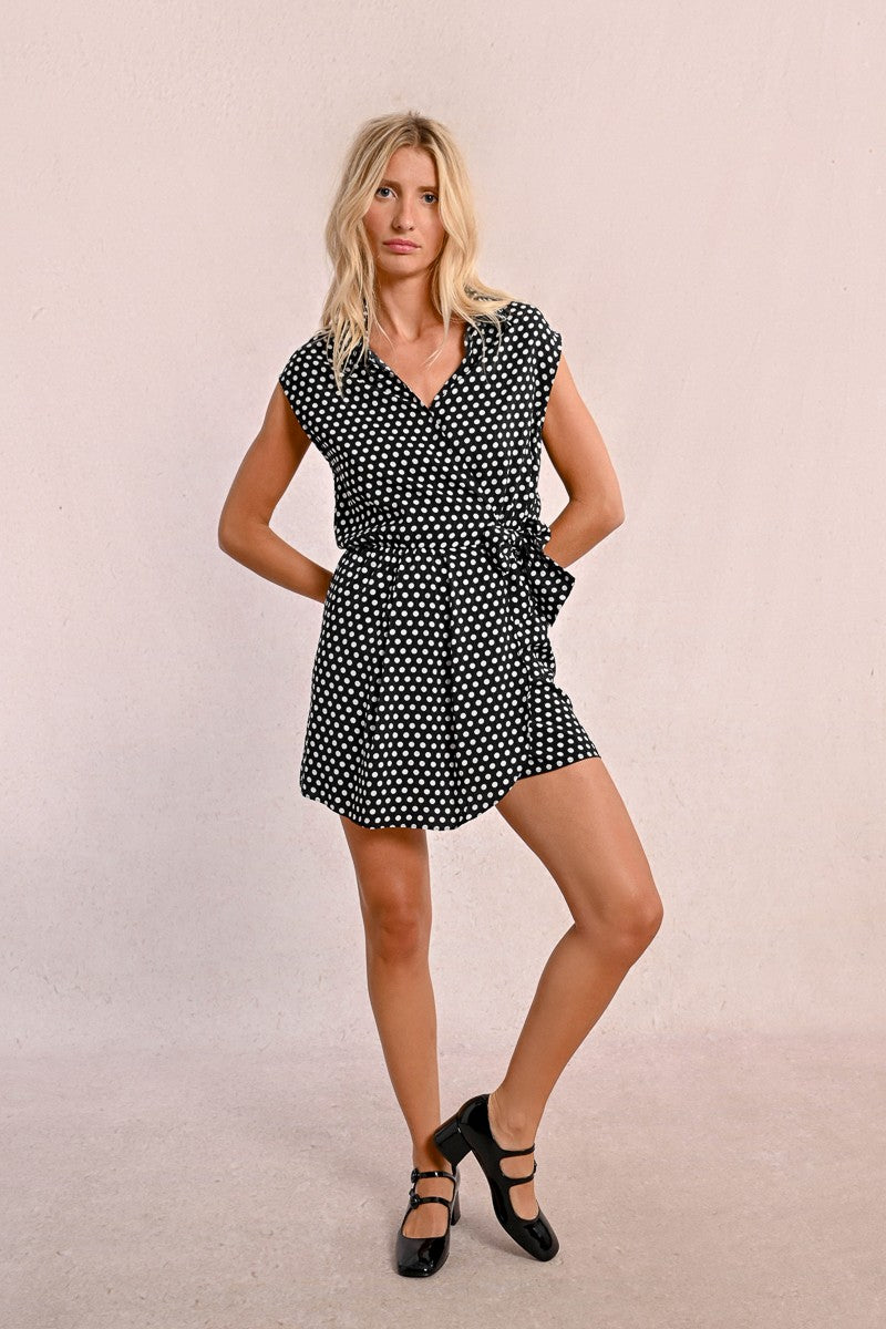 Polka Dot Side Tie Mini Dress - Cream/Blk