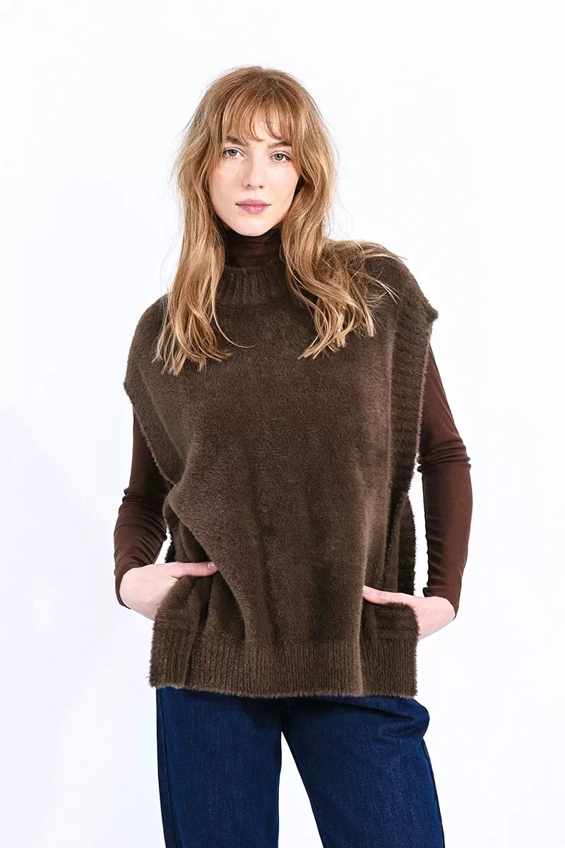 Fuzzy Poncho Sweater - Brown