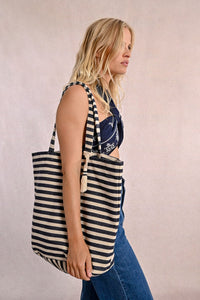 Striped Braided Tote - Off White w/ Black Stripes (ZA63DE)