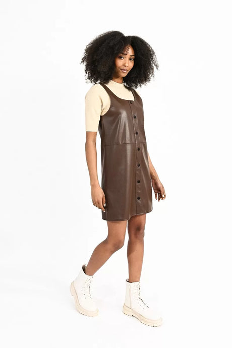 Vegan Leather Mini Dress - Brown