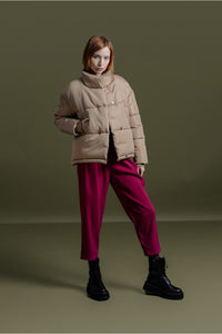 Stand Up Collar Puffer Jacket - Beige