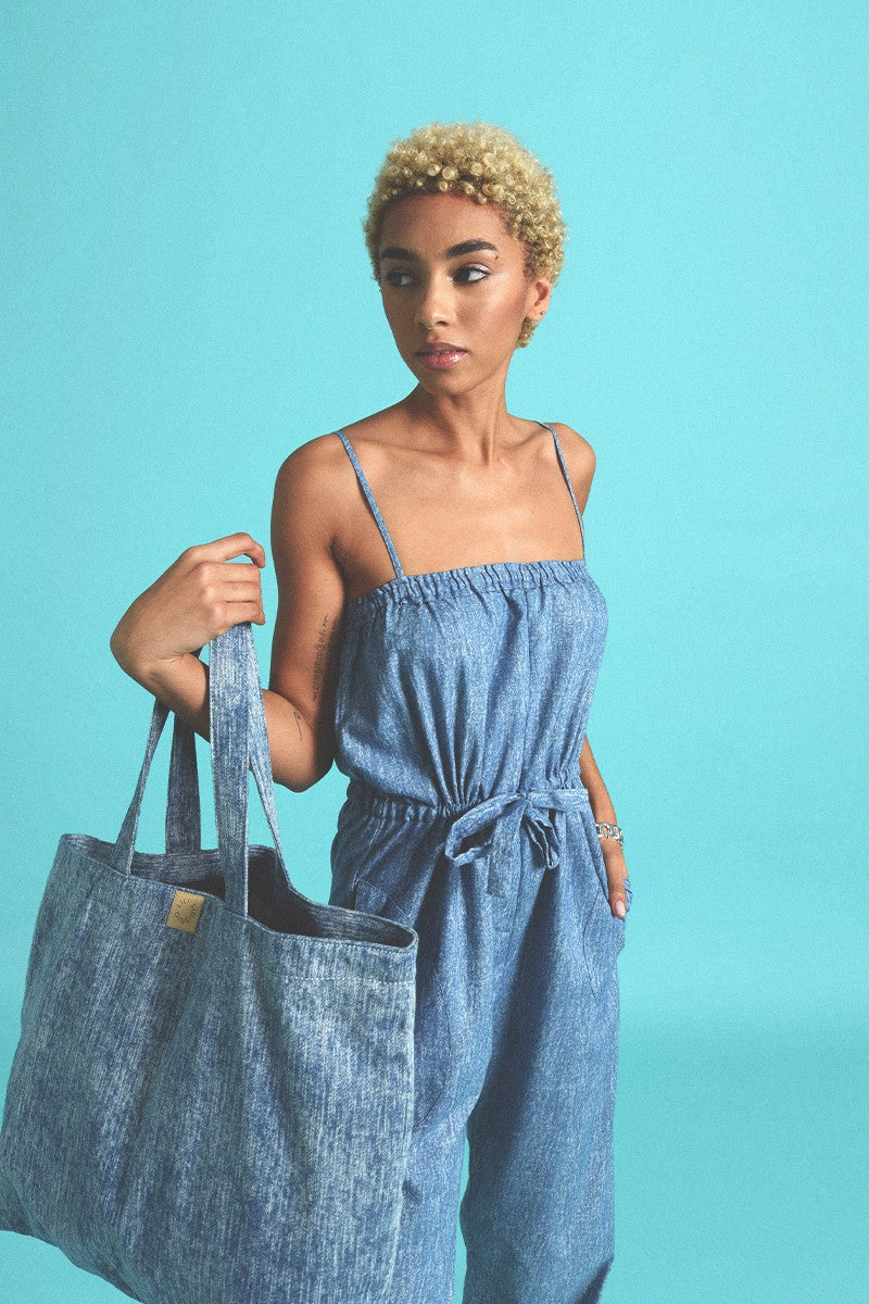 Washed Out Effect Jumpsuit - Mid Blue