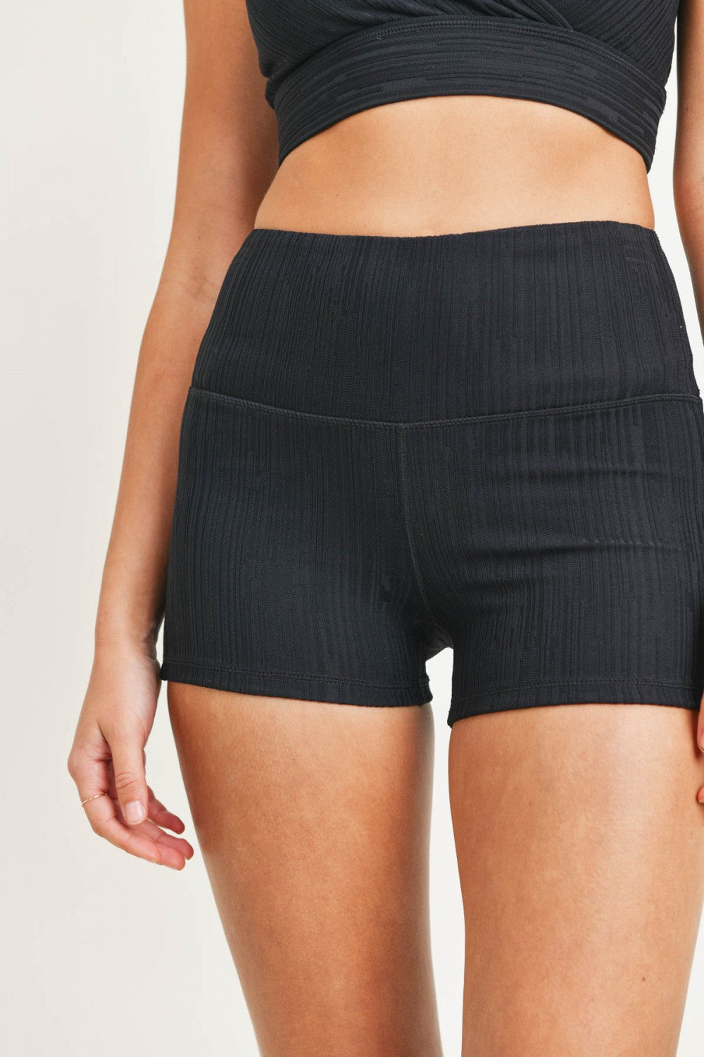 Textured Lines High Waist Shorts - Black