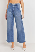Load image into Gallery viewer, High Waisted  Wide Leg  Ankle Length  Cargo Pockets Medium Wash
