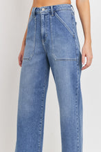Load image into Gallery viewer, High Waisted  Wide Leg  Ankle Length  Cargo Pockets Medium Wash
