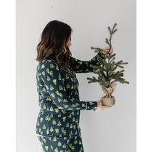 Load image into Gallery viewer, Luxury Bamboo PJ Set - Ivory Christmas Trees - Emerald Green Christmas Trees - Muted Black Holiday Lights - Ivory Holiday Lights

