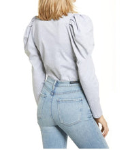 Load image into Gallery viewer, Pleated Puff Sleeve Knit Top Heather Grey Back View
