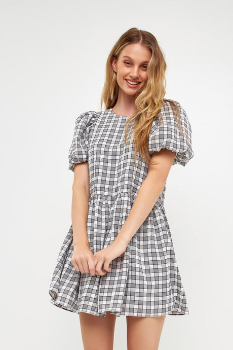 Gingham Bow Back Mini Dress - Black / White