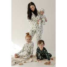 Load image into Gallery viewer, Luxury Bamboo PJ Set - Ivory Christmas Trees - Emerald Green Christmas Trees - Muted Black Holiday Lights - Ivory Holiday Lights

