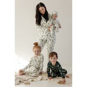 Luxury Bamboo PJ Set - Ivory Christmas Trees - Emerald Green Christmas Trees - Muted Black Holiday Lights - Ivory Holiday Lights