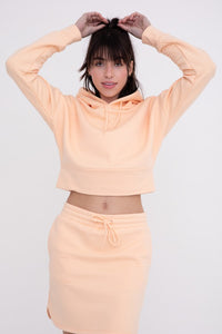 Quilted Plush Cropped Hoodie Pullover- Light Peach