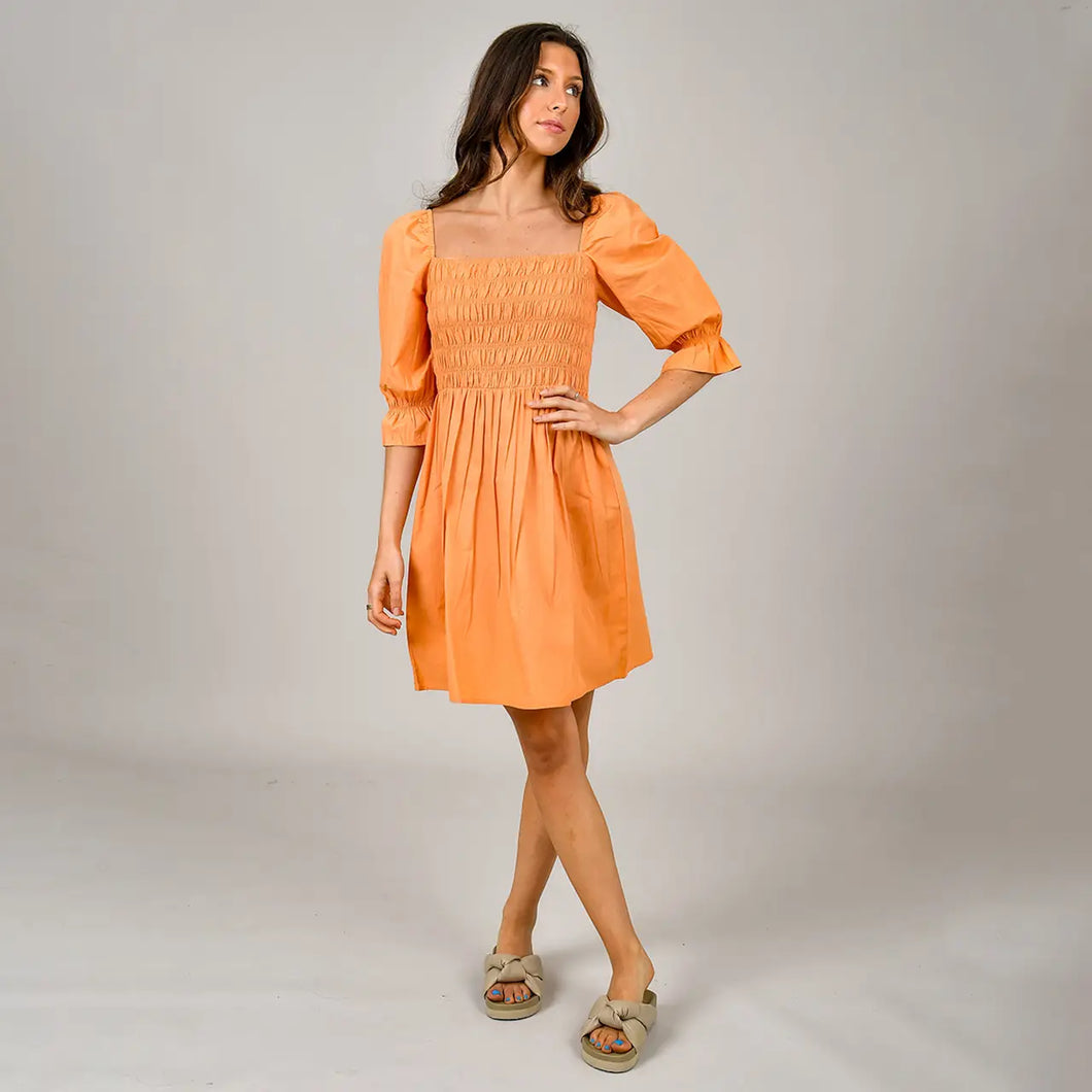 Selina Poplin Smocked Dress - Tangerine