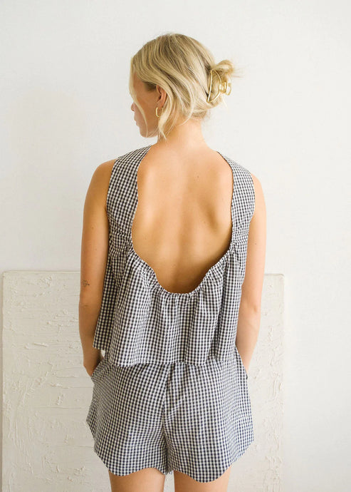 Gingham Scoop Back Tank - Black / White