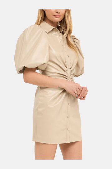 Faux Leather Button Down Mini Dress -Taupe