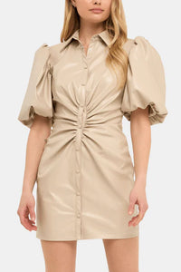 Faux Leather Button Down Mini Dress -Taupe
