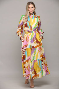 Abstract Print Maxi Dress - Lilac / Gold / Red Multi