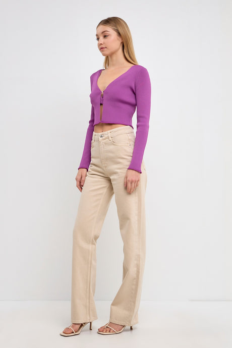 Single Button Fine Rib Cardigan - Grape