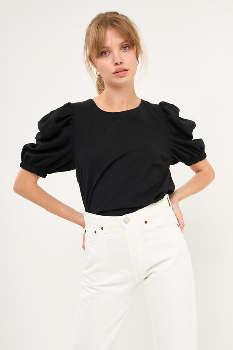 Pleated Puff Sleeve Top - Black