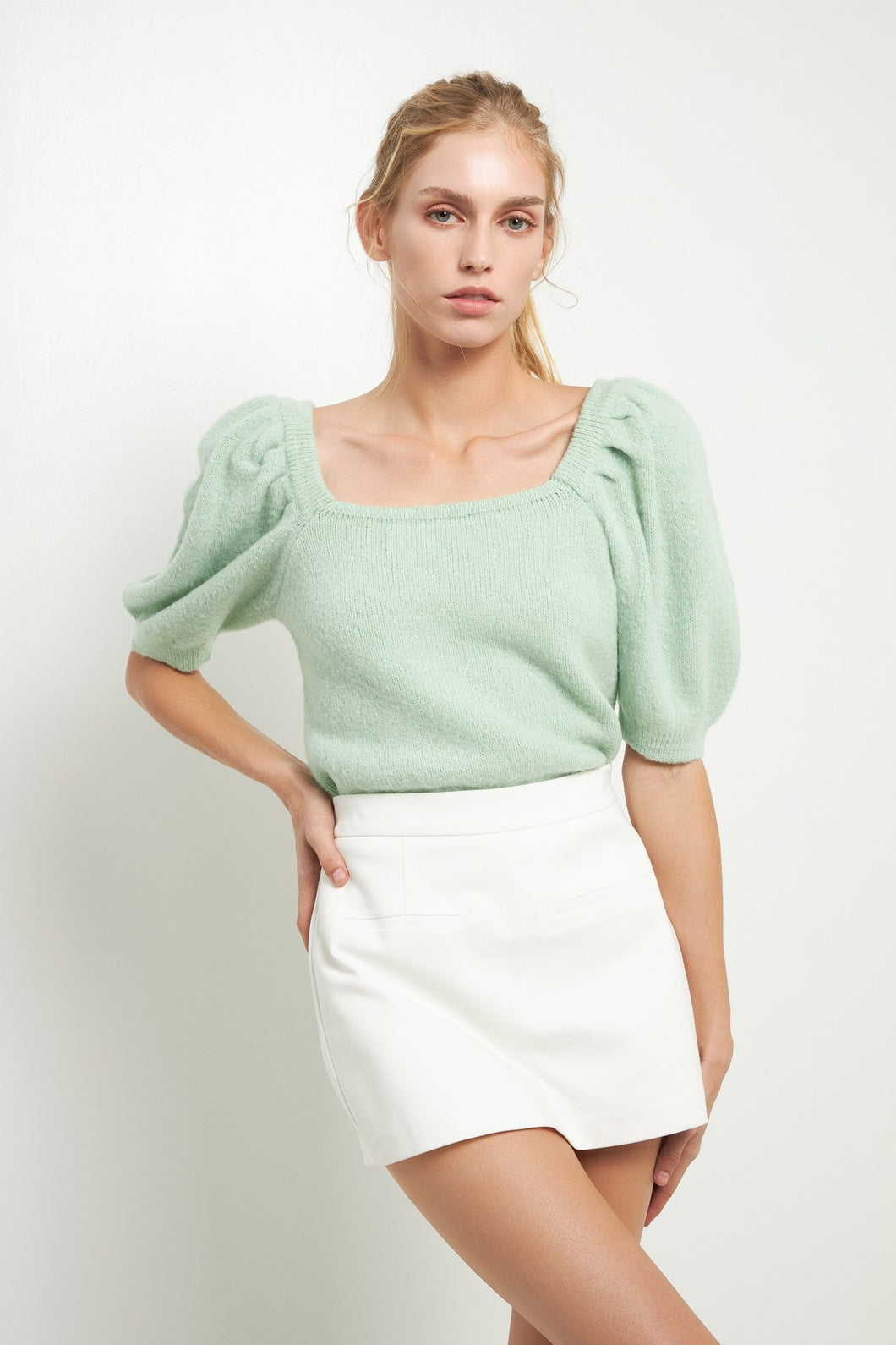 Pastel Puff Sleeve Sweater - Mint