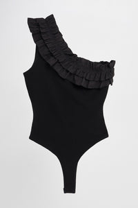 Ruffled Asymmetrical Bodysuit - Black
