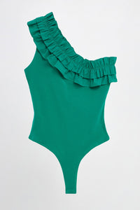 Ruffled Asymmetrical Bodysuit - Green